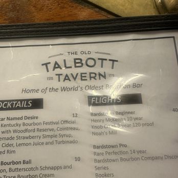 The Old Talbott Tavern - Menu - Bars Near Me - Bardstown, Kentucky