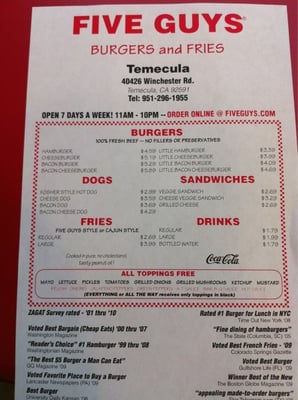Menu photo 1 Five Guys Temecula, CA
