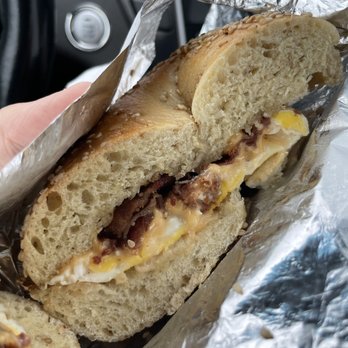 Hand Rolled Bagels - Egg cheese and bacon on a sesame semolina bagel!!! - Bagels Near Me - New Hyde Park, New York Hand Rolled Bagels - Egg cheese and bacon on a sesame semolina bagel!!! - Bagels Near Me - New Hyde Park, New York