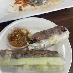 Pork spring roll with peanut sauce. Filled with ingredients, not mostly lettuce!