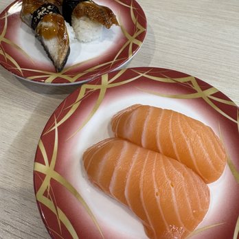 Tamago Sushi Conveyor Belt - Unagi (Eel) Nigiri (top) and Salmon Nigiri (bottom) - Conveyor Belt Sushi Near Me - San Francisco, California Tamago Sushi Conveyor Belt - Unagi (Eel) Nigiri (top) and Salmon Nigiri (bottom) - Conveyor Belt Sushi Near Me - San Francisco, California