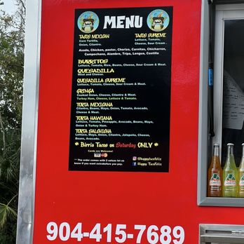Happy Taco Feliz - New menu has no prices. Was charged about $10 more then before the move. - Food Trucks Near Me - Jacksonville, Florida Happy Taco Feliz - New menu has no prices. Was charged about $10 more then before the move. - Food Trucks Near Me - Jacksonville, Florida