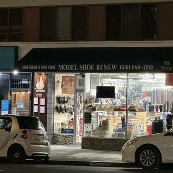 Model Shoe Renew - Store front view at night, since they're open until 7P Mon-Sat - Shoe Repair Near Me - Berkeley, California