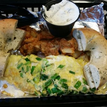 Bagel Cafe - Amazing Food!!! Spinach and Herb Bagel, Garlic and herb spread. The Russian Omelet and there version of home fries! - Bagels Near Me - Herndon, Virginia Bagel Cafe - Amazing Food!!! Spinach and Herb Bagel, Garlic and herb spread. The Russian Omelet and there version of home fries! - Bagels Near Me - Herndon, Virginia