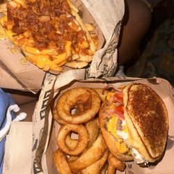 Wayback Burgers - BACON CHEESE FRIES ONION RINGS CHEEEESY BURGER
