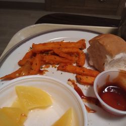 Park Villa - Here is some of the dinner. It was cold sweet potato fries and some canned fruit. I ate the meat portion only