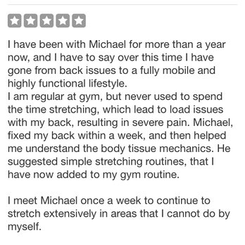 Flexability Corrective Stretch Therapy - Review was taken down. This client has been with me since I've opened my doors out of Covid. - Massage Therapy Near Me - Palo Alto, California Flexability Corrective Stretch Therapy - Review was taken down. This client has been with me since I've opened my doors out of Covid. - Massage Therapy Near Me - Palo Alto, California