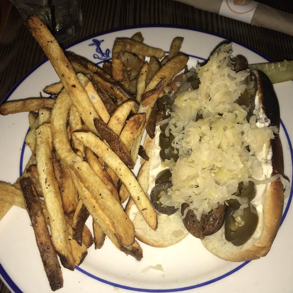Oak - There is a "hotdog" under there! Sauerkraut, vegan cream cheese , jalapeños. - Burgers Near Me - Seattle, Washington Oak - There is a "hotdog" under there! Sauerkraut, vegan cream cheese , jalapeños. - Burgers Near Me - Seattle, Washington