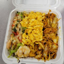 Bespoke Taste & See Caribbean Restaurant - Garlic shrimp, Mac & cheese, sautéed cabbage.