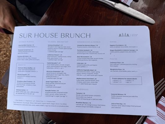 Menu photo 1 The Sur House Big Sur, CA