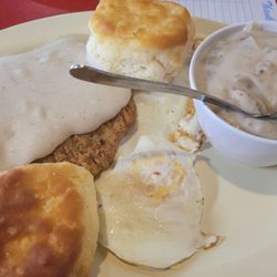 Peggy Sue's Place - Country fried steak, eggs were over hard, with biscuits & gravy. I added sausage to the gravy. Delicious!