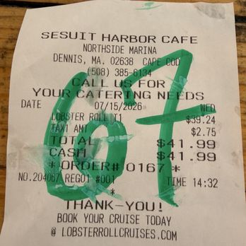 Sesuit Harbor Cafe - Receipt - Seafood Near Me - Dennis, Massachusetts Sesuit Harbor Cafe - Receipt - Seafood Near Me - Dennis, Massachusetts