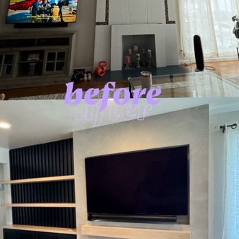 Nor Cal Accent Walls - Beautifully designed custom fireplace, mantle, custom cabinets and mounted television & sound system - Interior Design Near Me