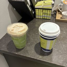 Iced matcha latte with cinnamon cold foam and a black tea Iced matcha latte with cinnamon cold foam and a black tea