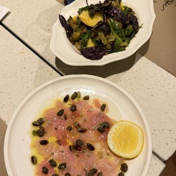Nonna Mercato - Crudo (bottom), tomato/peach salad (top) - Bakeries Near Me - Long Beach, California