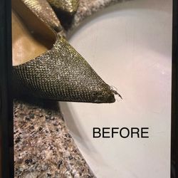 Milano Shoe Service - BEFORE- Significant toe damage on Jimmy Choo heels