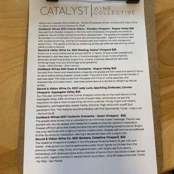 Catalyst Wine Collective - Today's wine tasting menu (this DOES change) - Wine Tasting Room Near Me - Phoenix, Oregon Catalyst Wine Collective - Today's wine tasting menu (this DOES change) - Wine Tasting Room Near Me - Phoenix, Oregon