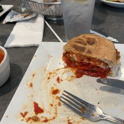Grand Apizza North - Meatball parmigiana with roasted red peppers. On a hard roll