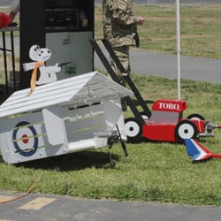 Things that shouldn't fly: Snoopy barn, lawnmower,