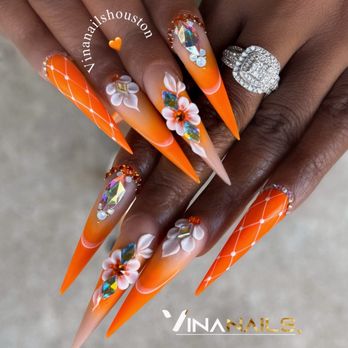 Vina's Nails - Fullset stilettos shape, orange ombre gel and 3d design - Nail Salons Near Me - Houston, Texas