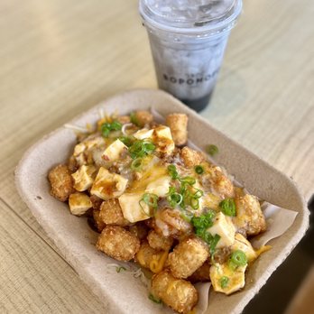 Bopomofo Cafe - mapo tofu tots ($11) & HEY sesame milk ($6.50) - Bubble Tea Near Me - San Gabriel, California Bopomofo Cafe - mapo tofu tots ($11) & HEY sesame milk ($6.50) - Bubble Tea Near Me - San Gabriel, California