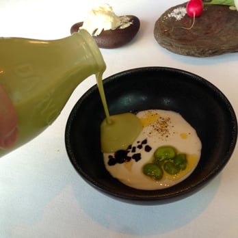 Trinity Restaurant - Chilled Soup of Broad Bean, Black Olive and Lemon - Modern European Near Me - London, XGL Trinity Restaurant - Chilled Soup of Broad Bean, Black Olive and Lemon - Modern European Near Me - London, XGL