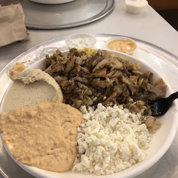 Pita 360 - Pilaf rice plate with chicken, hummus, spicy hummus, and feta. Sauces include tzaziki and red pepper aioli. - Mediterranean Near Me - Gardena, California