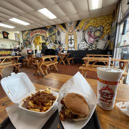 Bacon cheeseburger, chili cheese fries