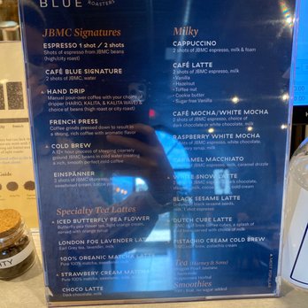 Cafe Blue - Drink Menu located at the counter. - Coffee Roasteries Near Me - Duluth, Georgia Cafe Blue - Drink Menu located at the counter. - Coffee Roasteries Near Me - Duluth, Georgia