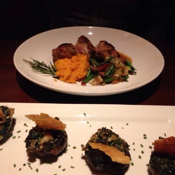 Seasons 52 - Stuffed mushrooms with Parmesan crisps, and pork loin with sweet potato mash. - New American Near Me - Princeton, New Jersey Seasons 52 - Stuffed mushrooms with Parmesan crisps, and pork loin with sweet potato mash. - New American Near Me - Princeton, New Jersey