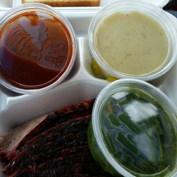 T-Bone Tom's - Brisket plate to go (lean) with sides of mashed potatoes and green beans - Barbeque Near Me - Kemah, Texas T-Bone Tom's - Brisket plate to go (lean) with sides of mashed potatoes and green beans - Barbeque Near Me - Kemah, Texas