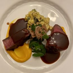 Beef Duo-72 hour Australian wagyu short rib, prime filet mignon, carrot coriander purée with corn succotash