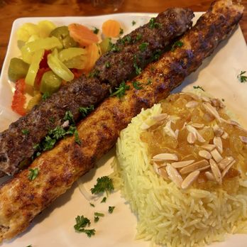 Sumer Nights - Rice with a chicken kabob, beef kabob and pickled vegetables. - Mediterranean Near Me - Sacramento, California