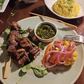 Amoura Restaurant - Lamb Skewer,.. wonder how they get the grill marks without burning the wooden skewers? - Mediterranean Near Me - South San Francisco, California