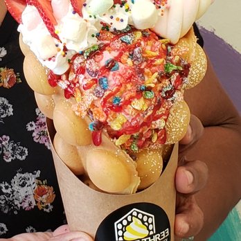 Double Three - original waffle with strawberry ice cream with fresh strawberries, fruity pebbles, marshmello, strawberry syrup, & whipped cream. bruh. - Ice Cream & Frozen Yogurt Near Me - Honolulu, Hawaii Double Three - original waffle with strawberry ice cream with fresh strawberries, fruity pebbles, marshmello, strawberry syrup, & whipped cream. bruh. - Ice Cream & Frozen Yogurt Near Me - Honolulu, Hawaii