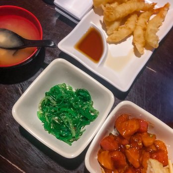 O’ Yummy Sushi - Left to right: miso soup, shrimp tempura, seaweed salad, salmon + tuna tataki - Sushi Bars Near Me - Virginia Beach, Virginia O’ Yummy Sushi - Left to right: miso soup, shrimp tempura, seaweed salad, salmon + tuna tataki - Sushi Bars Near Me - Virginia Beach, Virginia