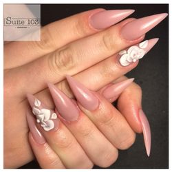 Suite 103 - Pink stiletto nails with white roses by Tori of Suite 103