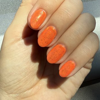 Nail & Beauty Haven - Hard Gel Manicure with DND Gel Dutch Orange and Mermaid Flakes by owner Thuy! The most gentle manicure I've ever had! - Nail Salons Near Me - Folsom, California