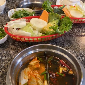 Chili Hot Pot - Borscht soup: spicy Lamb & Herbs Spice Soup; vegetable basket - Chinese Near Me - Edmonton, Alberta