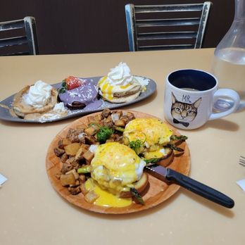 My Cafe - Pancake Flight and Crab and Asparagus Benedict. Washed down with coffee and water. - Breakfast & Brunch Near Me - Kapolei, Hawaii My Cafe - Pancake Flight and Crab and Asparagus Benedict. Washed down with coffee and water. - Breakfast & Brunch Near Me - Kapolei, Hawaii