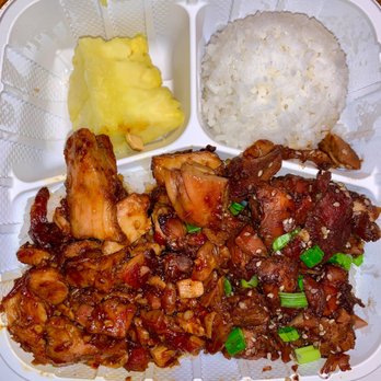 Hawaiian Bros Island Grill - Classic Plate: Half Honolulu Chicken, Half Kilauea Chicken. Pineapple subbed instead of Macaroni Salad. - Hawaiian Near Me - Lee's Summit, Missouri