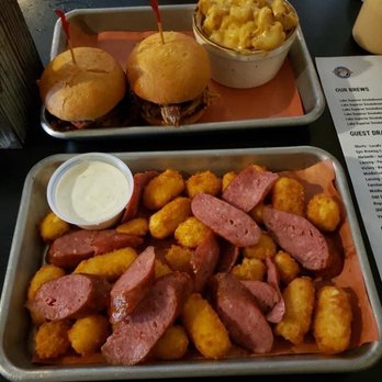 Lake Superior Smokehouse Brewpub - brisket and pulled pork slider with smoked Gouda Mac cheese fried cheese curds with spicy andouille sausage - Brewpubs Near Me - Harvey, Michigan