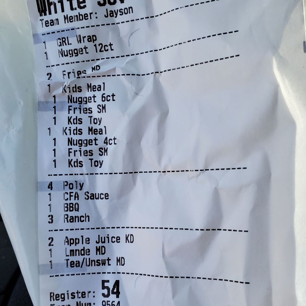 ows a drive thru receipt