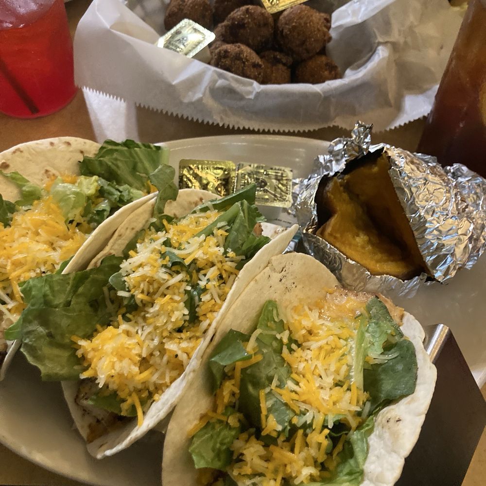 Catfish Deweys - Fish Tacos (grilled). Sweet Baked Potato. - Seafood Near Me - Oakland Park, Florida Catfish Deweys - Fish Tacos (grilled). Sweet Baked Potato. - Seafood Near Me - Oakland Park, Florida