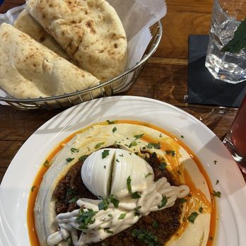Hummus Kitchen - Lamb Hummus with egg and hibiscus tea - Mediterranean Near Me - New York, New York