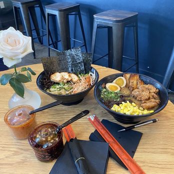 Redlands Ramen - On the left Custom ramen $14 +$7 for the broth On the right the Signature- Redlight Special $26 - Ramen Near Me - Redlands, California