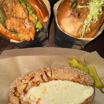 Double Chicken Please - Hot Honey Sandwich (top left) Salted Egg Yolk Sandwich (top right) Grilled Cheese (bottom) - Cocktail Bars Near Me - New York, New York Double Chicken Please - Hot Honey Sandwich (top left) Salted Egg Yolk Sandwich (top right) Grilled Cheese (bottom) - Cocktail Bars Near Me - New York, New York