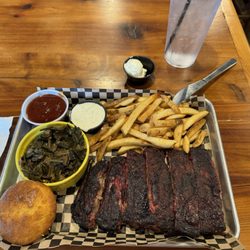 McCloud's Grill House - Half rack of ribs (Alder and Apple wood Smoked BBQ St. Louis Ribs), collared greens, fries, cornbread. (Ranch, bbq sauce, butter)