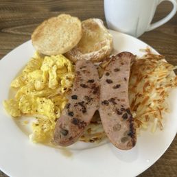 Chicken Apple sausage, eggs, hash browns & an English muffin!