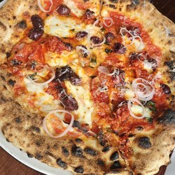 Allora - Pizza calabrese San marzano, 'nduja sausage, spicy soppressata, kalamata olives, fior di latte, oregano, honey, pickled shallot